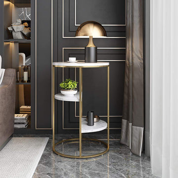 3-Tiered Gold End Table with Shelf Marble Top & Metal Frame Side Table-Richsoul-End & Side Tables,Furniture,Living Room Furniture